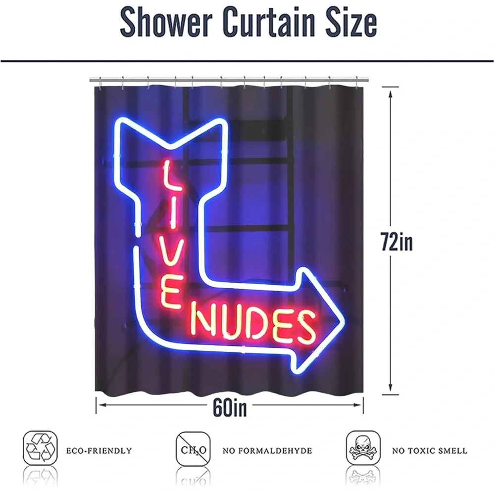 LIVE NUDES neon shower curtain, fabric liner & shower rings. Brand new